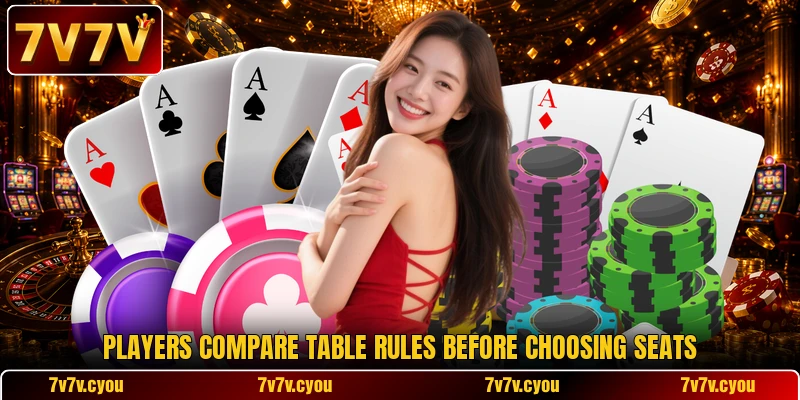 Players compare table rules before choosing seats Players compare table rules before choosing seats