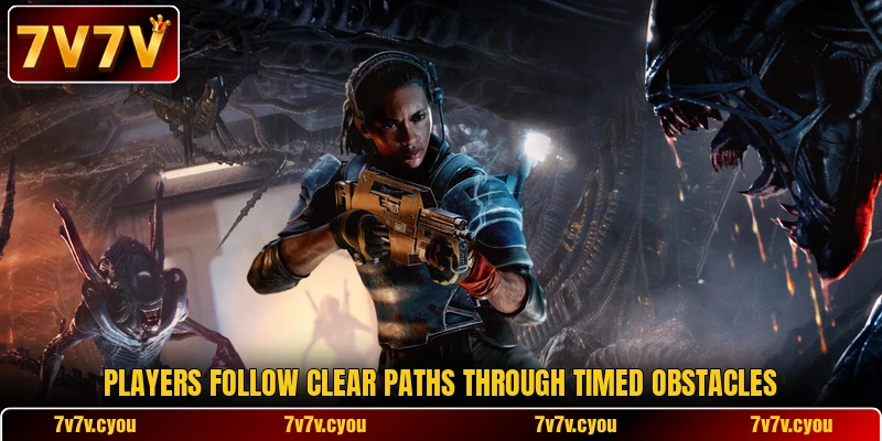 Players follow clear paths through timed obstacles Players follow clear paths through timed obstacles