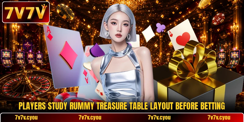 Players study Rummy Treasure table layout before betting Players study Rummy Treasure table layout before betting